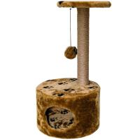 Когтеточка домик с полкой круг мех джут коричневый с игрушкой 39*77см/DONBARON