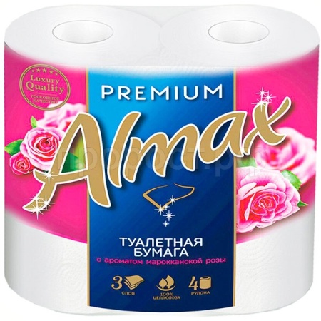 Туалетная бумага 3 слоя "ALMAX PREMIUM" 4рулона*18,6м белая аромат розы/16шт/60576/